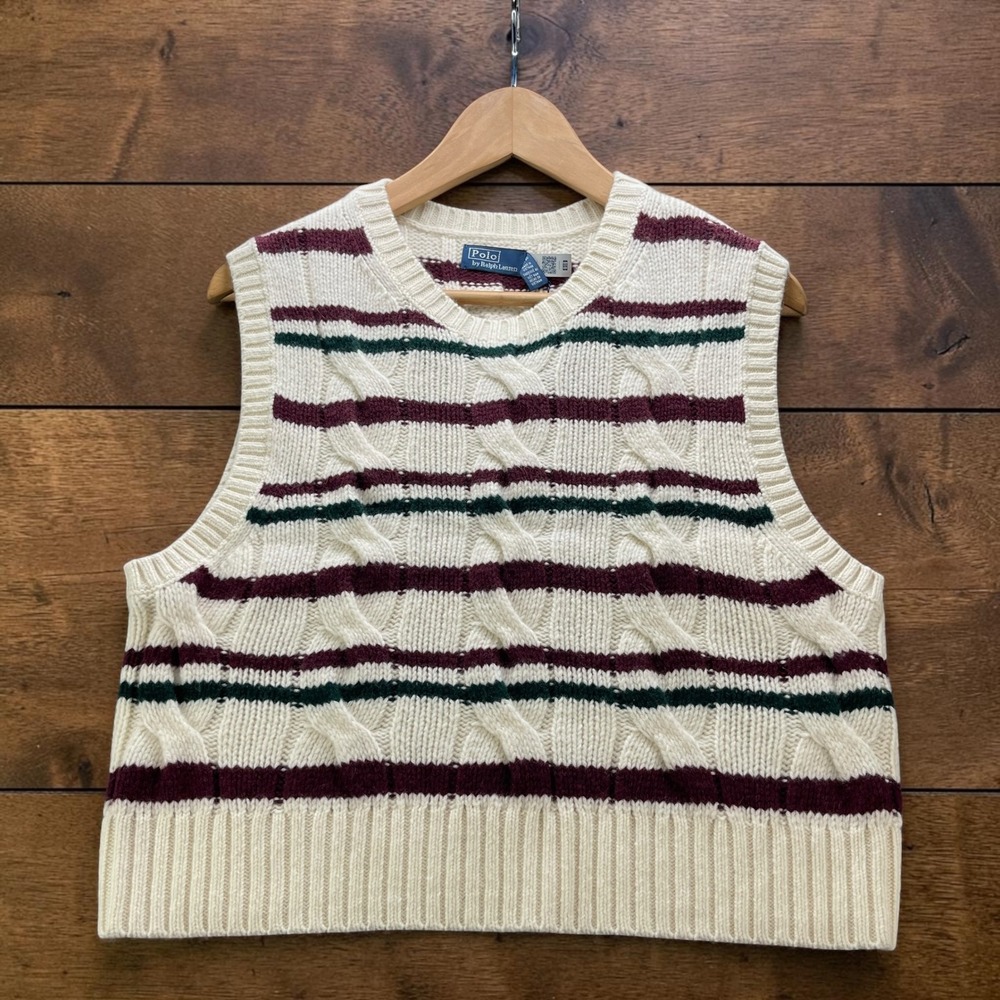 NEW Polo Ralph Lauren Wool Cashmere Cable Knit Striped Sweater Vest Cream XL NWT